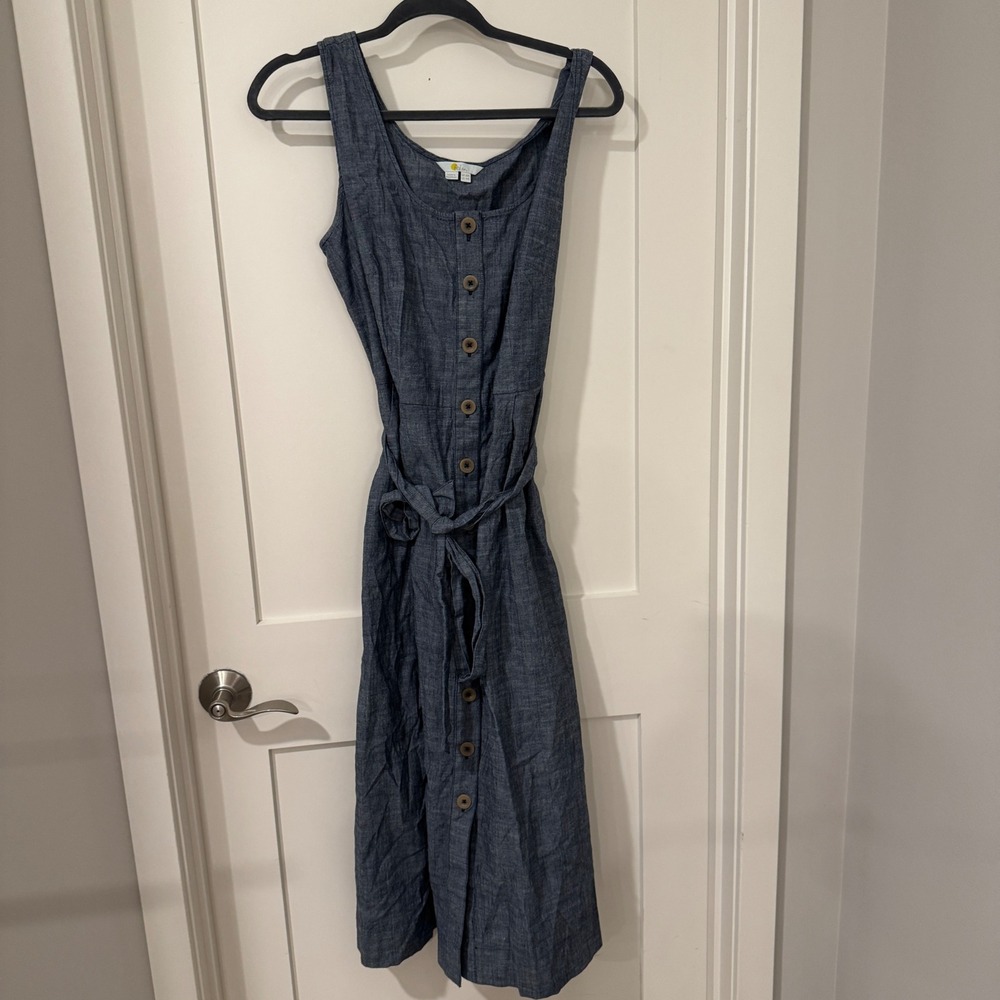 Boden Blue Cotton Button Front Sleeveless Midi Dress with Belt W0488 Size US 14R